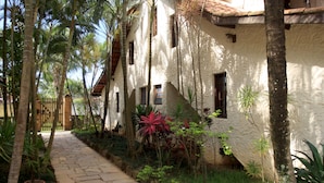 Un sendero conduce a un edificio con fachada rústica y texturizada, rodeado de vegetación tropical y palmeras.