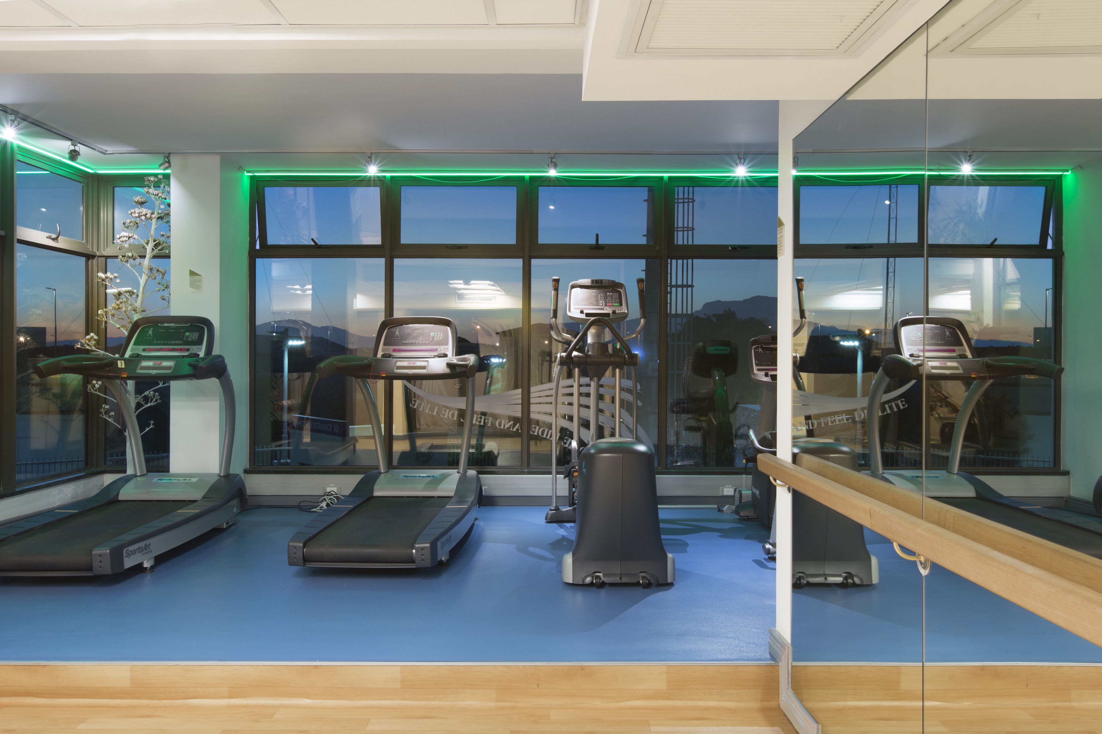 Una palestra con tapis roulant, cyclette e vogatore.