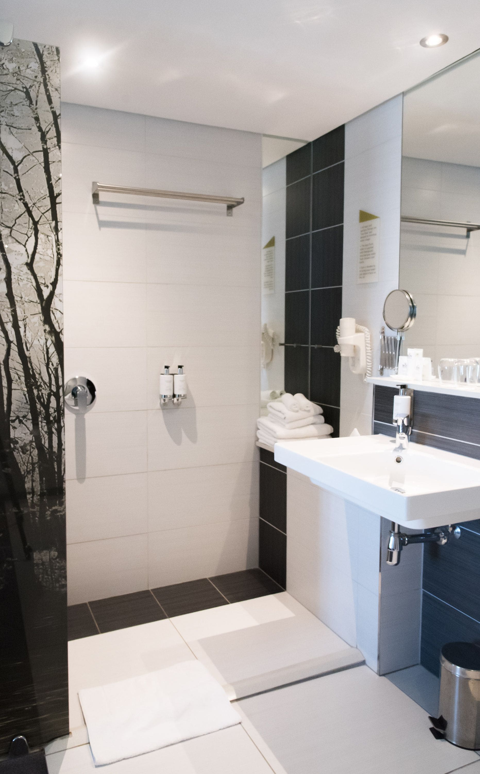 A modern bathroom with a walk-in shower, a large mirror, and a white sink.