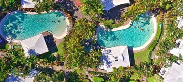 4 outdoor pools, open 7:30 AM to 9:00 PM, free cabanas, pool umbrellas