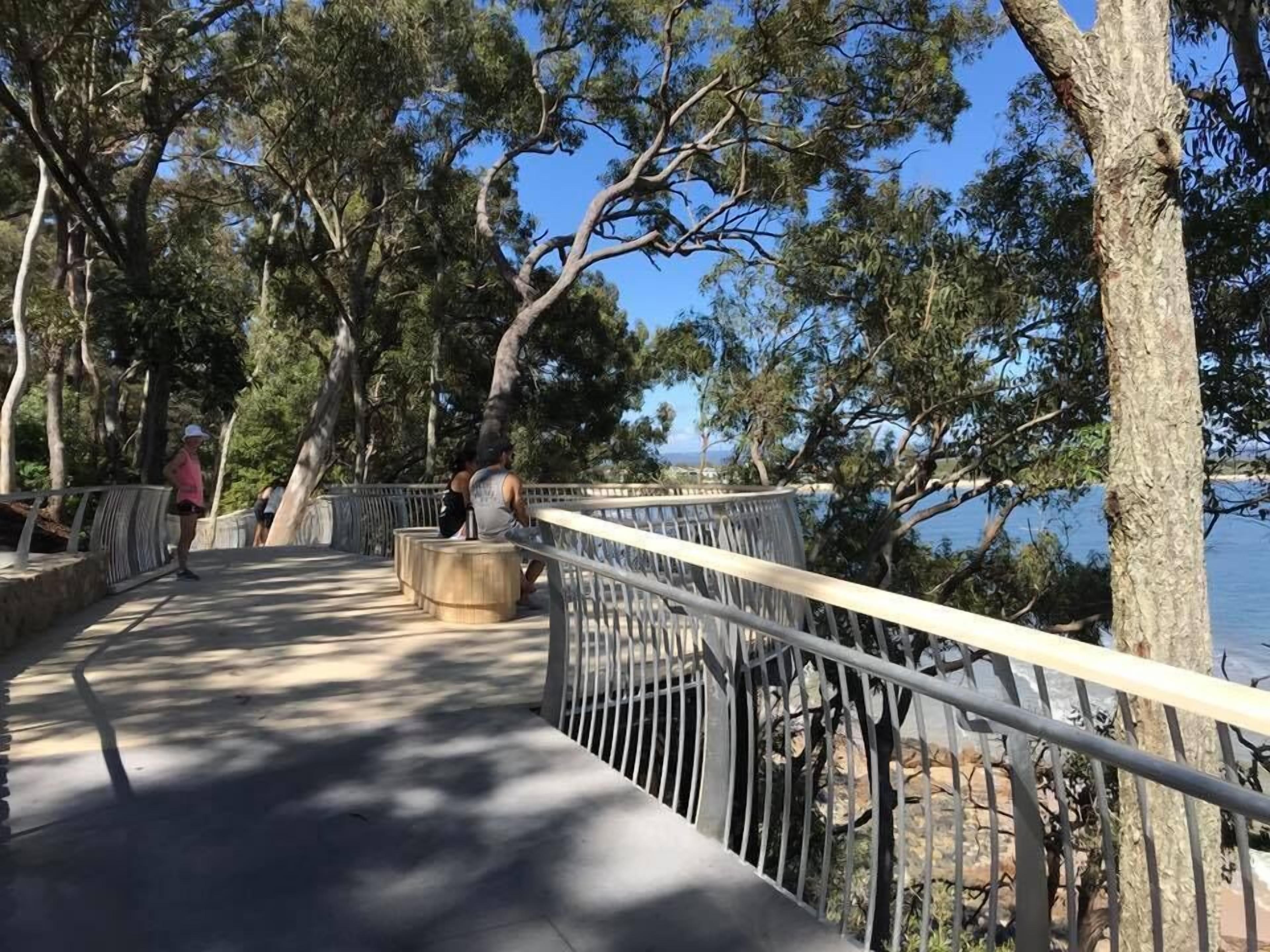 A pedestrian bridge with metal railings, surrounded by trees and overlooking a body of water.