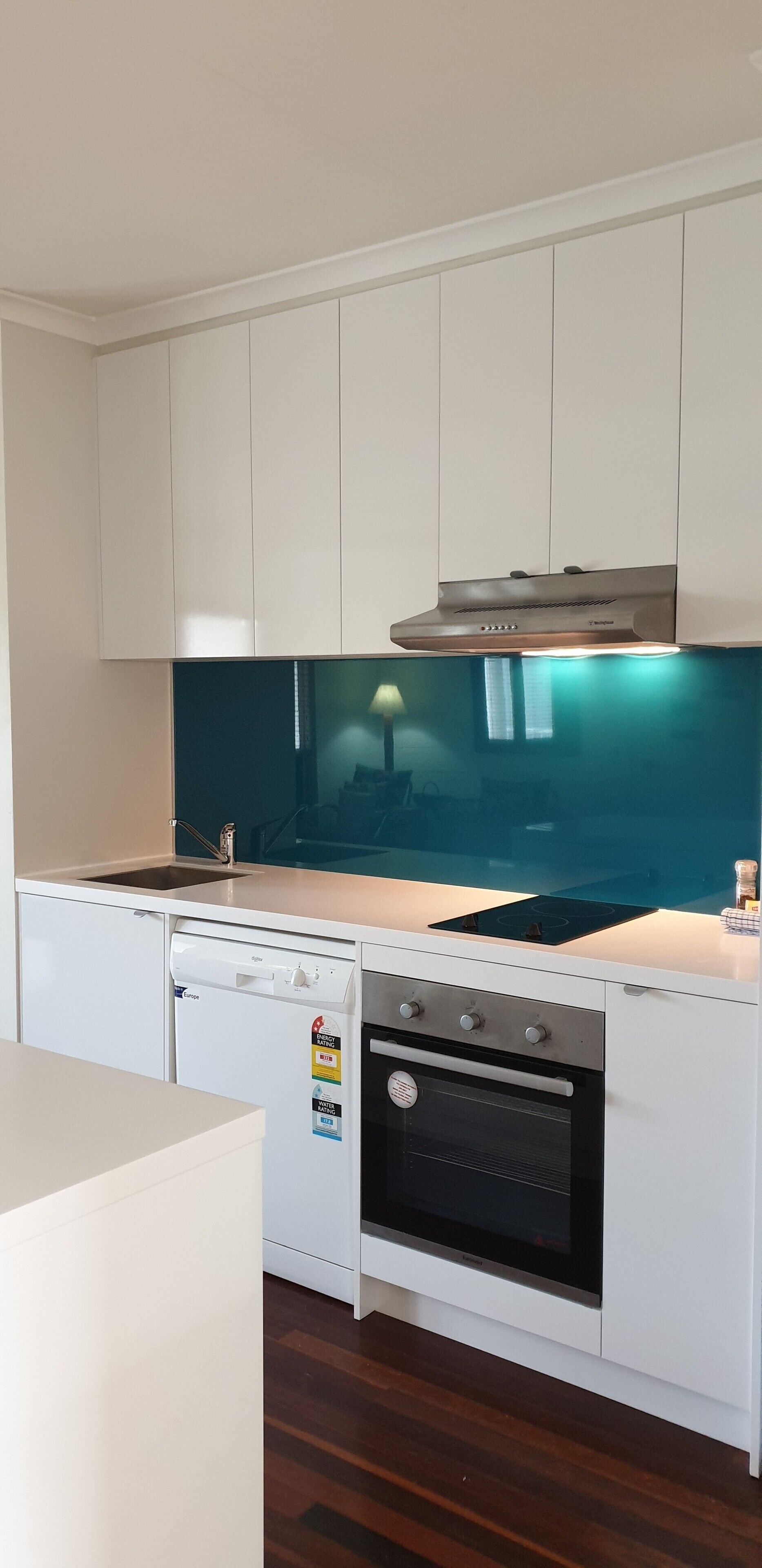 A compact kitchen with white cabinetry, a built-in oven, a dishwasher, and a stainless steel range hood.