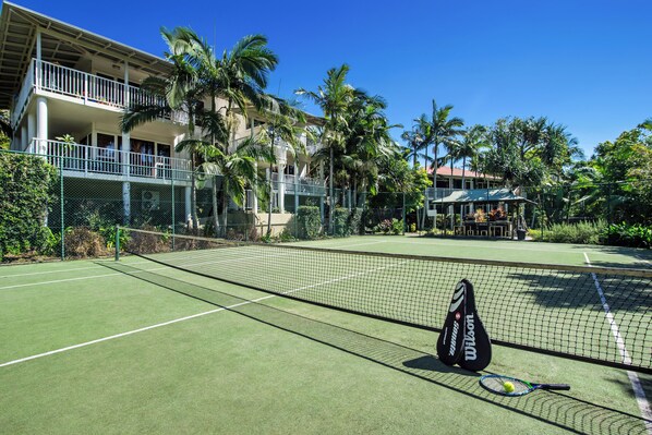 Una cancha de tenis con una red, una raqueta y una pelota.