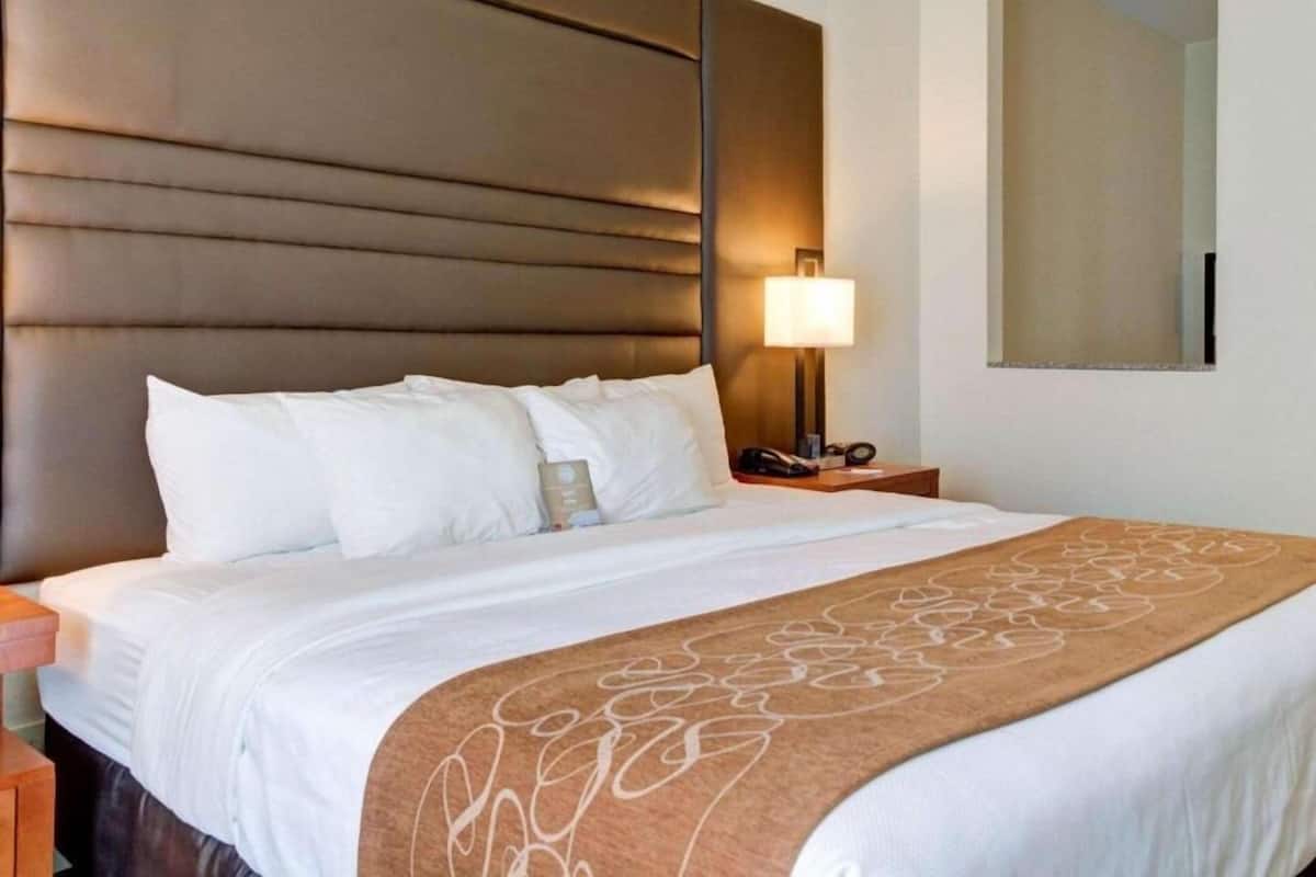 A hotel room with a large bed, a headboard, a bedside table with a lamp, and a large mirror on the wall.
