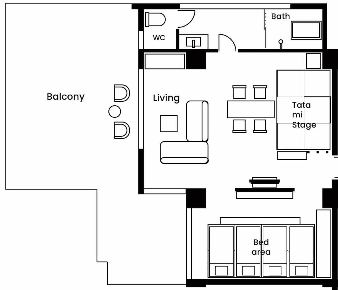 A floor plan with a balcony, living area, bathroom, and a stage labeled 'Tata mi stage'.