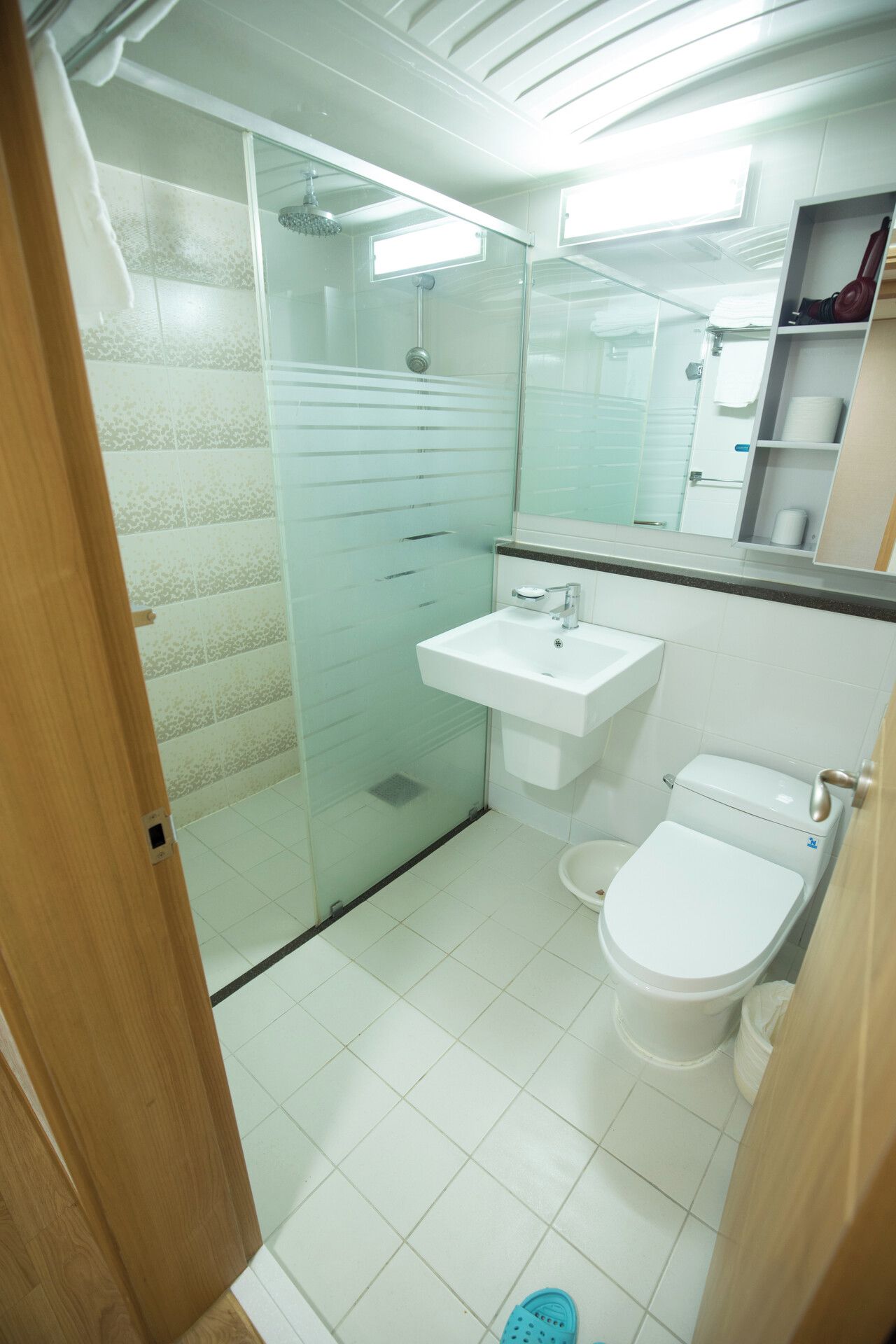 A bathroom with a glass shower enclosure, a white sink, and a toilet.