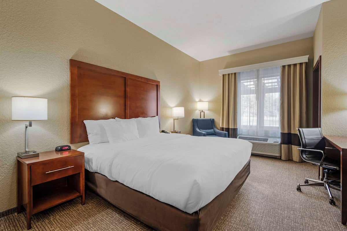 A hotel room with a large bed, a desk, a chair, a nightstand, and a window with curtains.