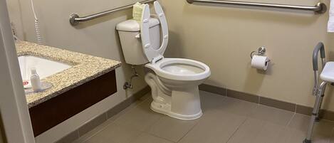 A bathroom with a toilet, grab bars, a sink, and a trash bin.