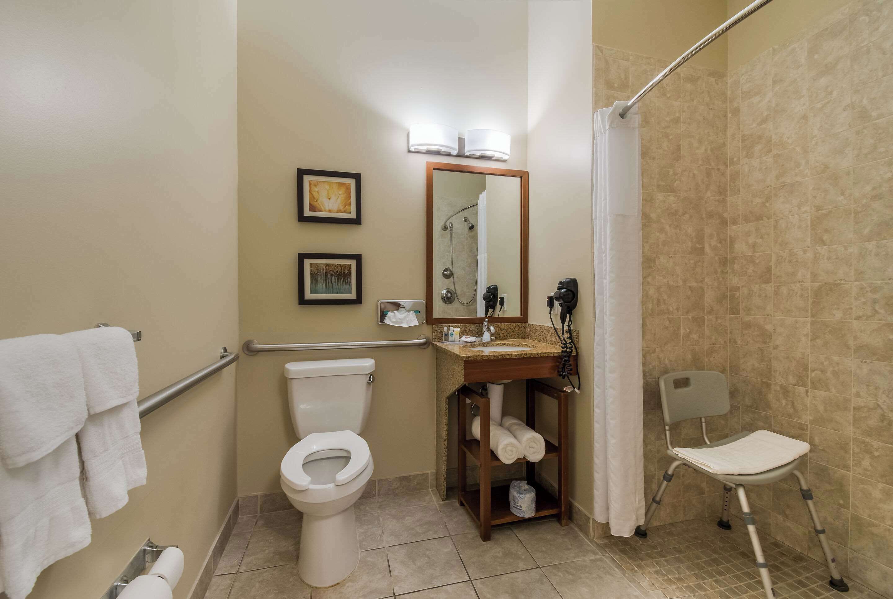 A bathroom with a toilet, sink, shower, and a wheelchair-accessible chair.