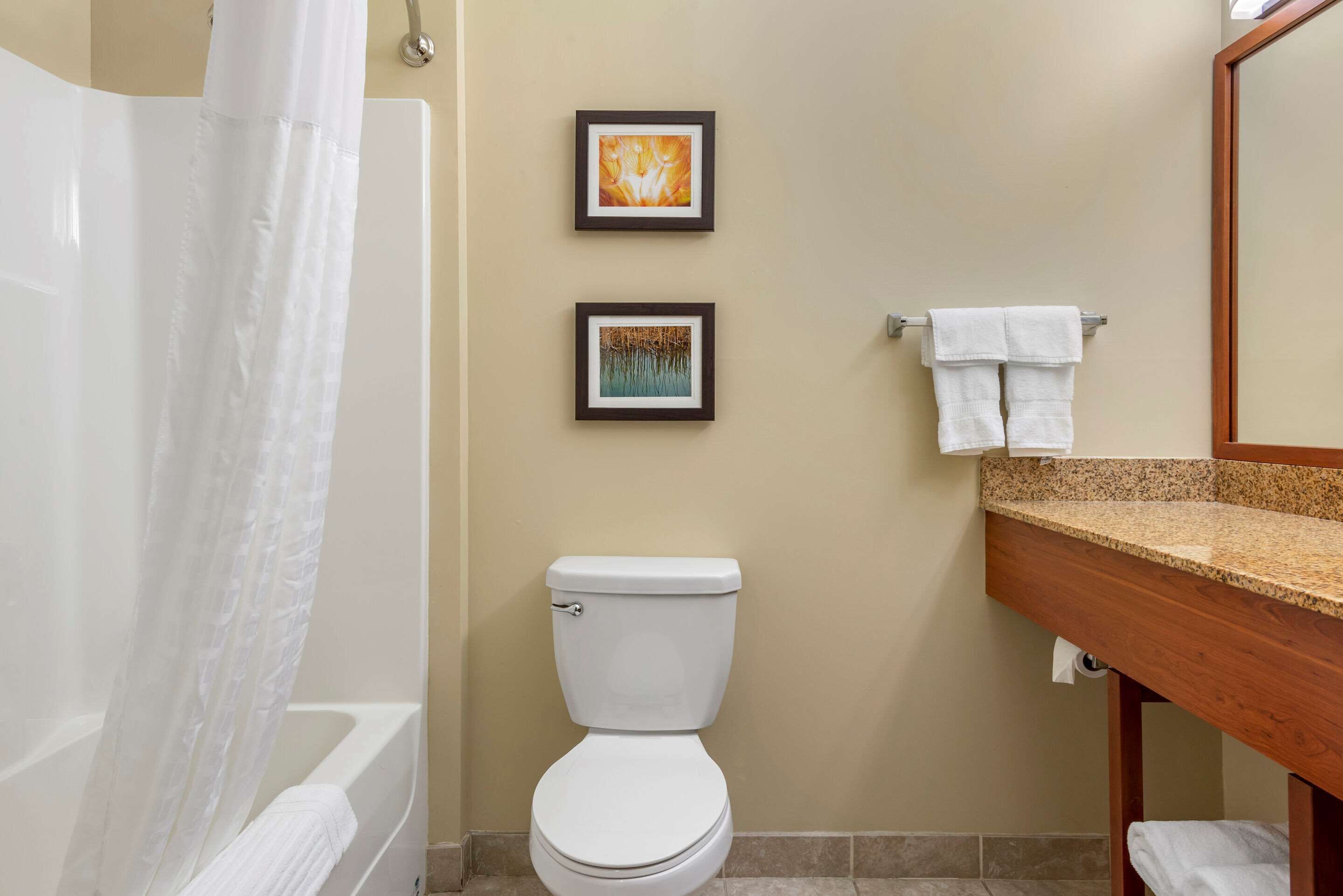A bathroom with a bathtub, toilet, and two framed pictures on the wall.