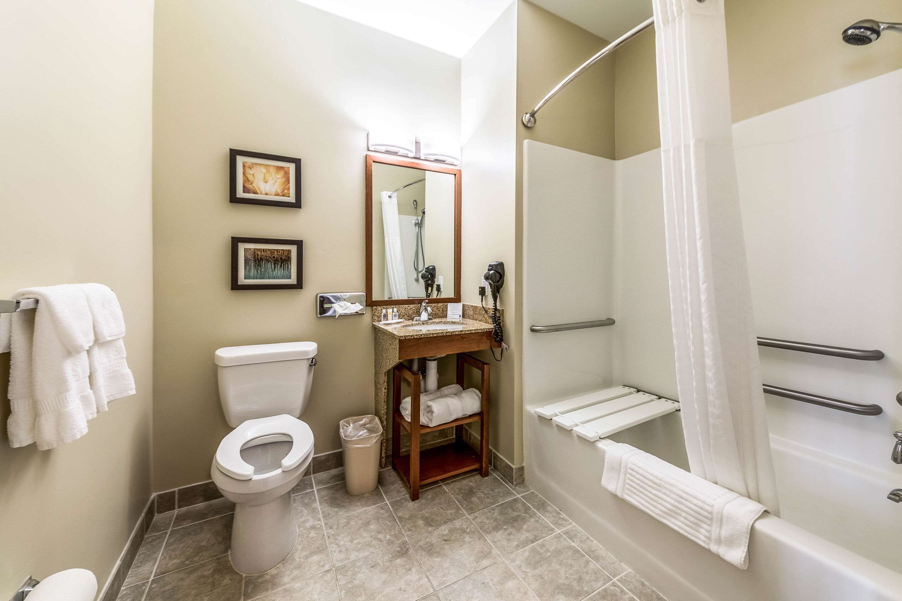 combined shower/bathtub, free toiletries, hair dryer, towels