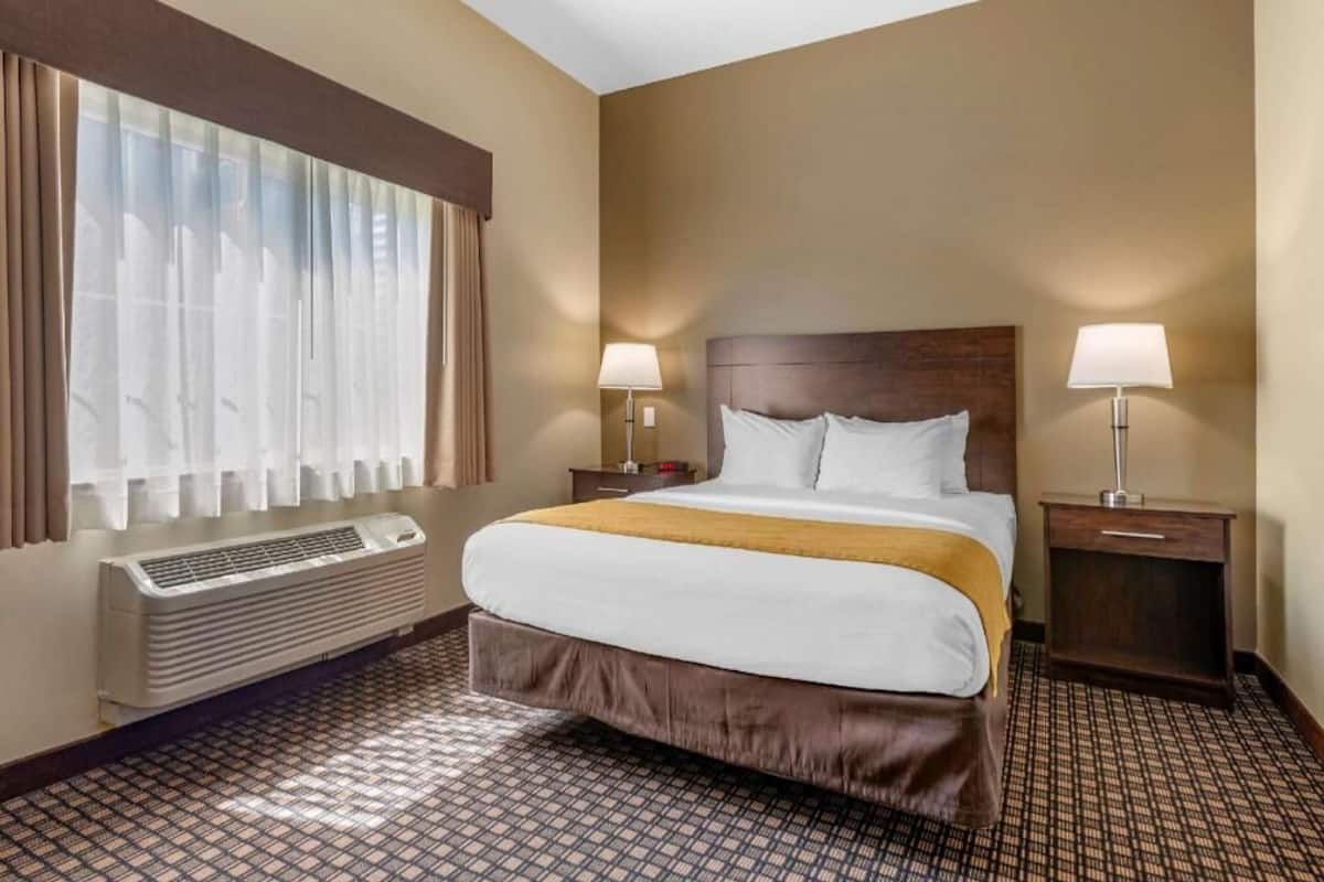 A hotel room with a large bed, two bedside tables, a window with curtains, a wall-mounted heater, and a patterned floor.