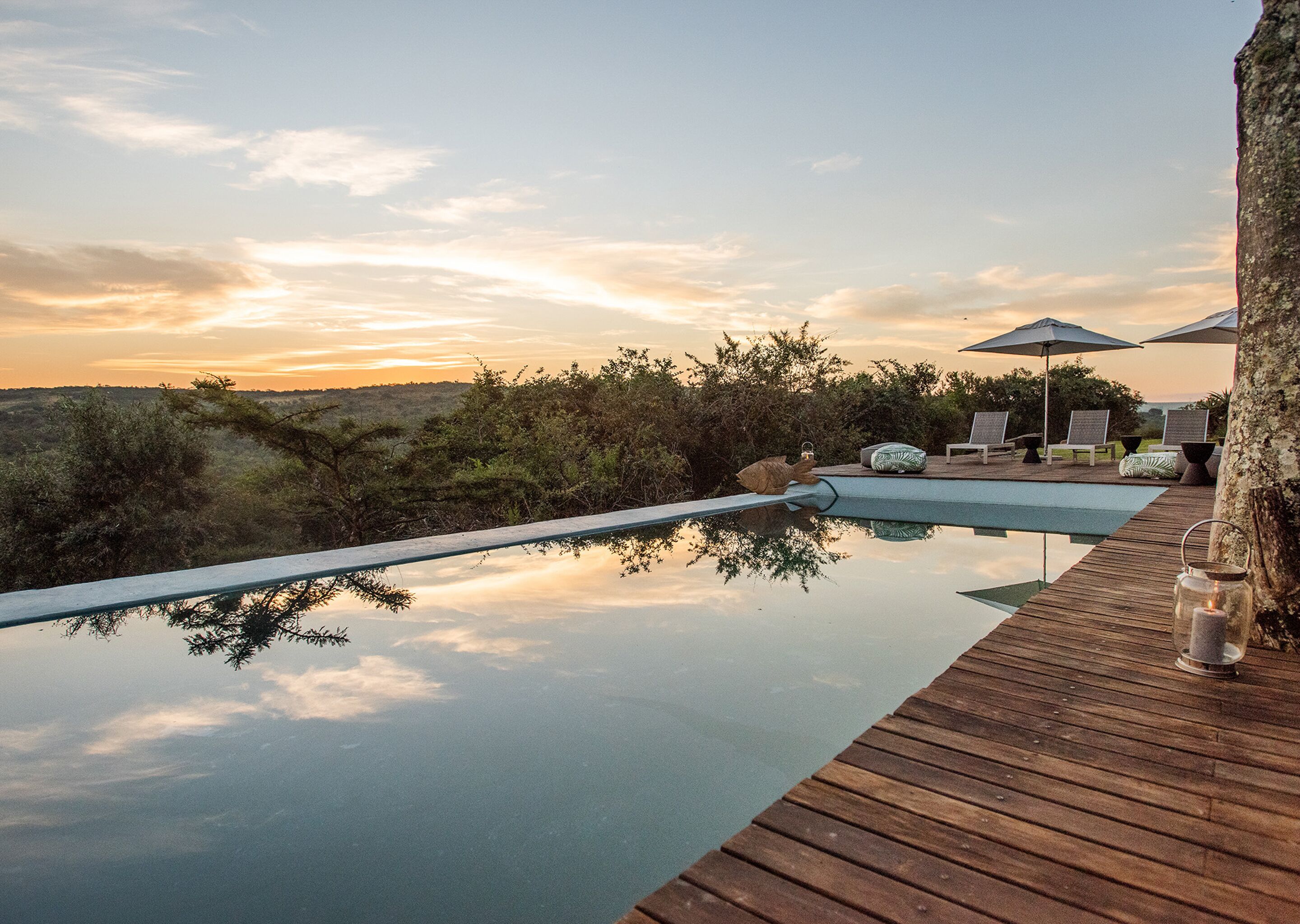 An infinity pool with wooden decking, lounge chairs, and umbrellas, surrounded by natural vegetation and a sunset view.