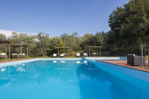 Seasonal outdoor pool, pool loungers