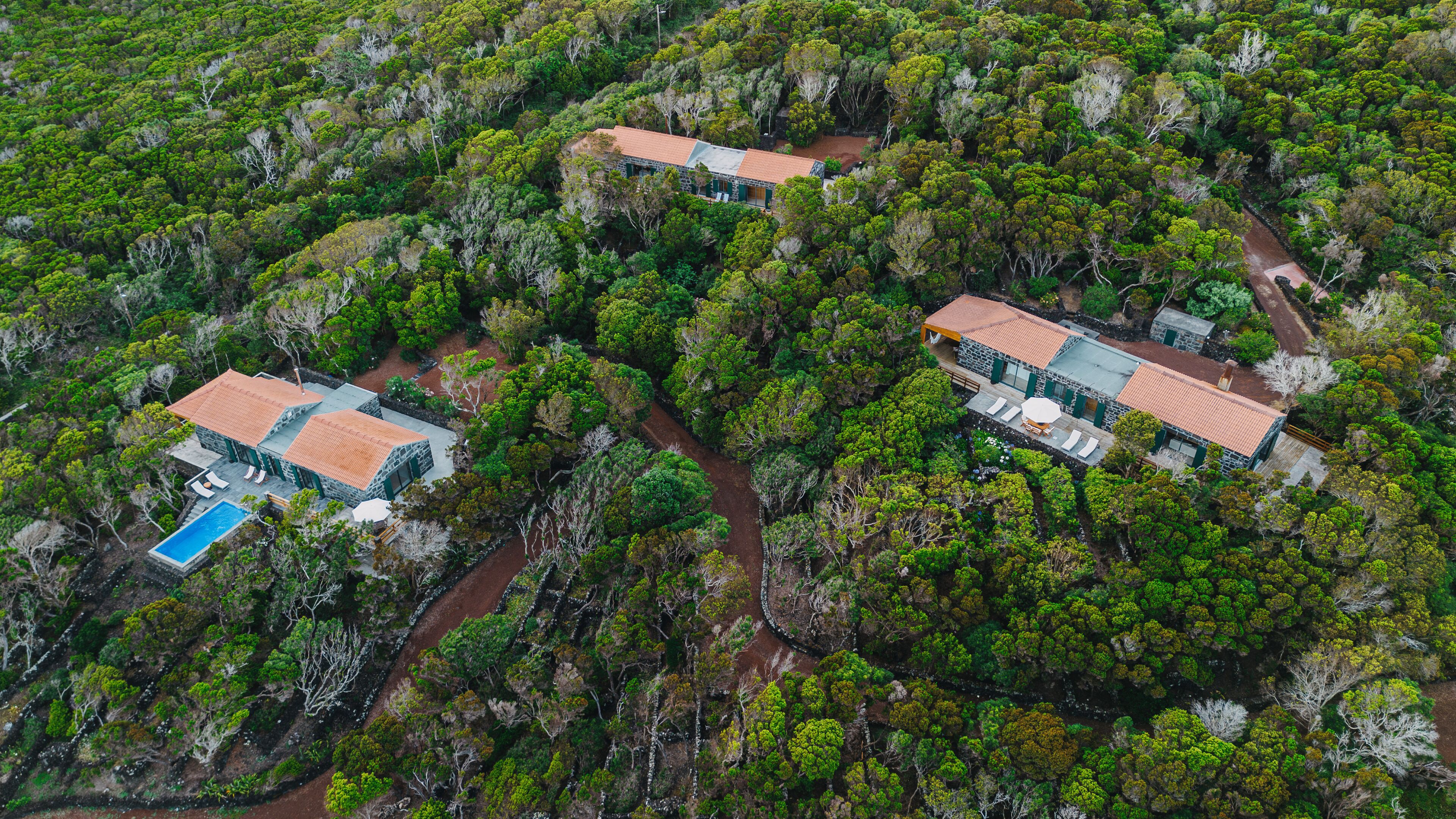 An aerial view of a resort with two buildings, each featuring a swimming pool and surrounded by dense forest.