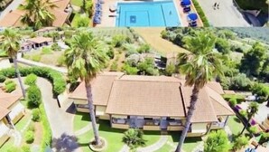 An aerial view of a residential area with a large house featuring a swimming pool, surrounded by palm trees and well-maintained gardens.