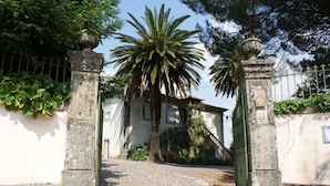 A stone gate with a number 38, leading to a building with a tiled roof and a palm tree in front. - Quinta de São Caetano (Viseu)