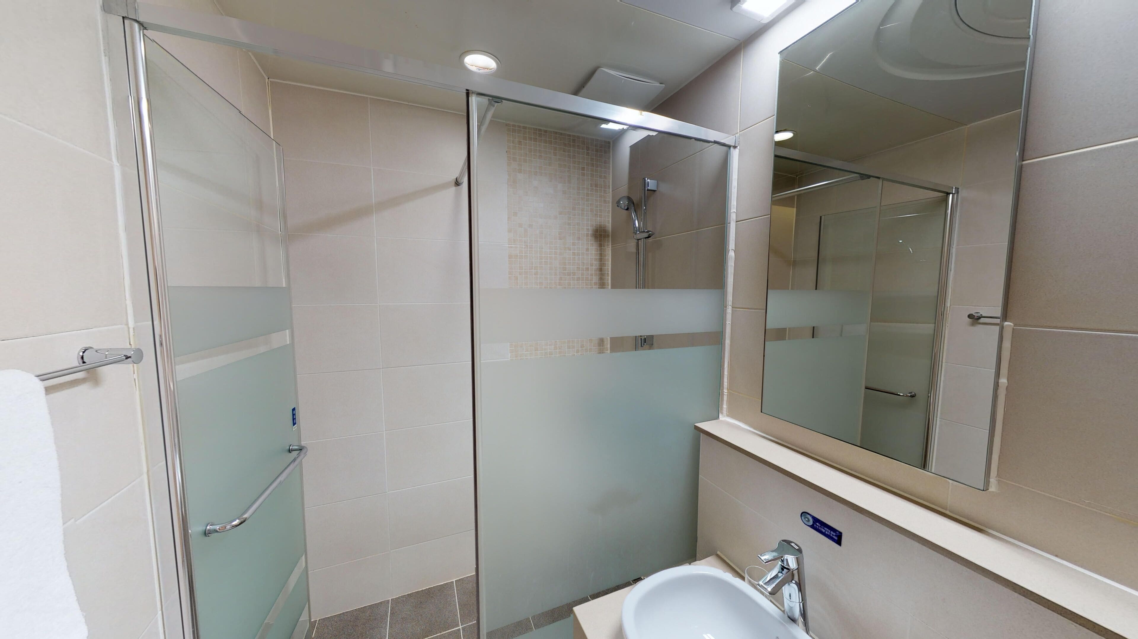 A modern bathroom with a glass-enclosed shower, a sink, and a large mirror.