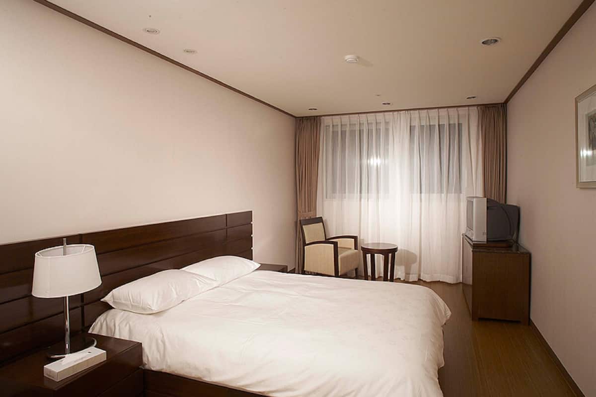 Ein Hotelzimmer mit Bett, Nachttisch, Lampe, Stuhl, kleinem Tisch, Fernseher und einem Fenster mit Vorhängen.