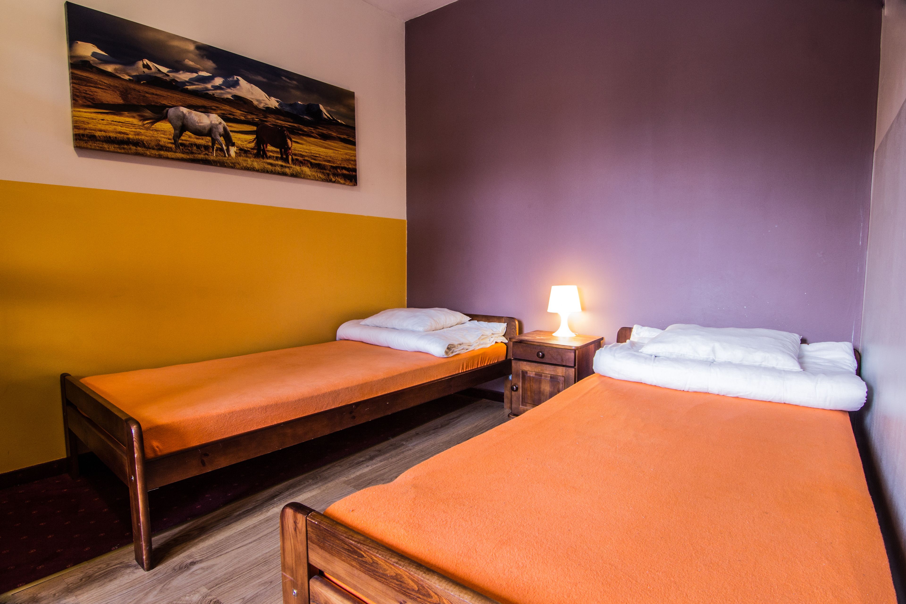 Une chambre avec deux lits simples, une table de chevet avec une lampe et un tableau représentant un cheval au mur.