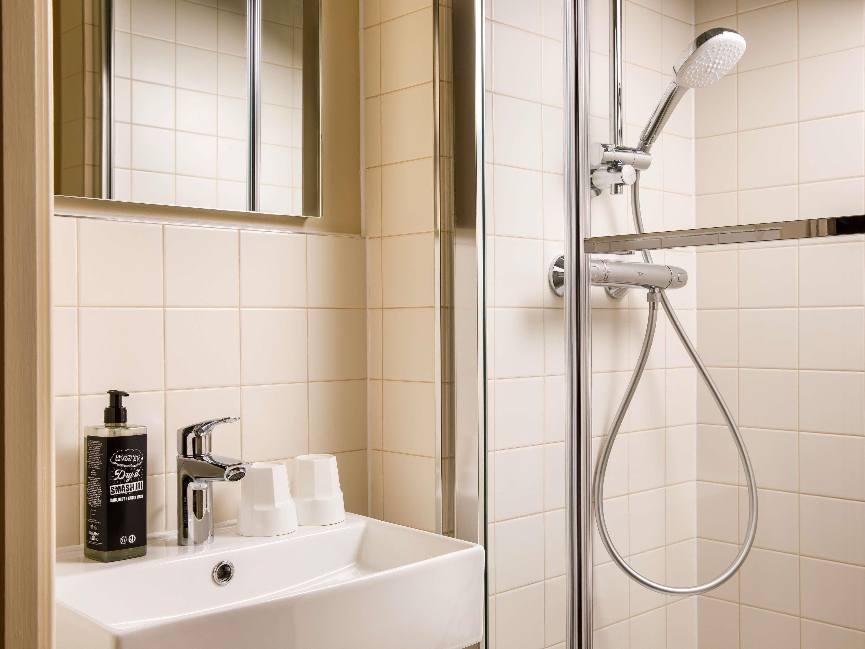 A bathroom with a white sink, a handheld showerhead, and a mirror above the sink.