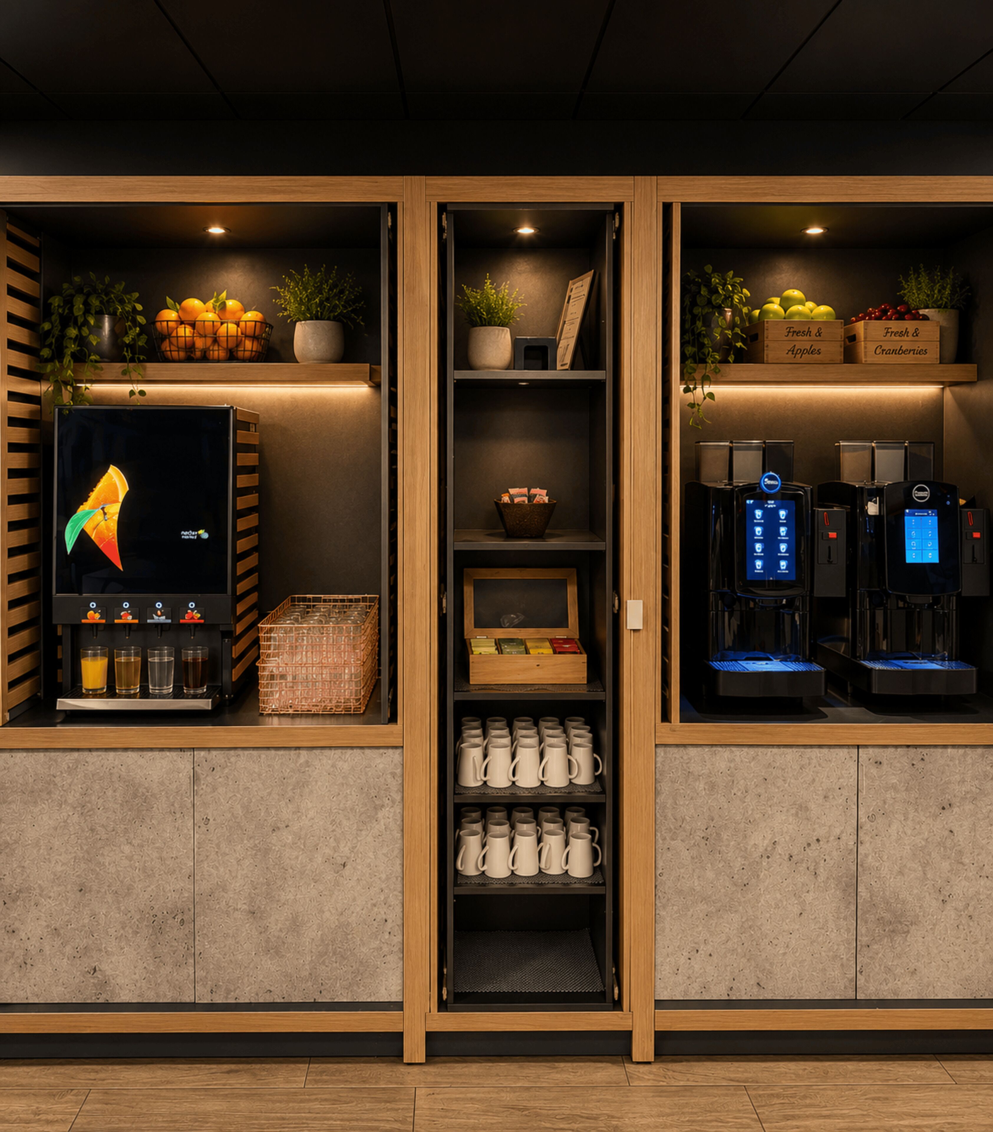L’intérieur d’un café, avec une machine à café, un présentoir de fruits et une étagère remplie de tasses.