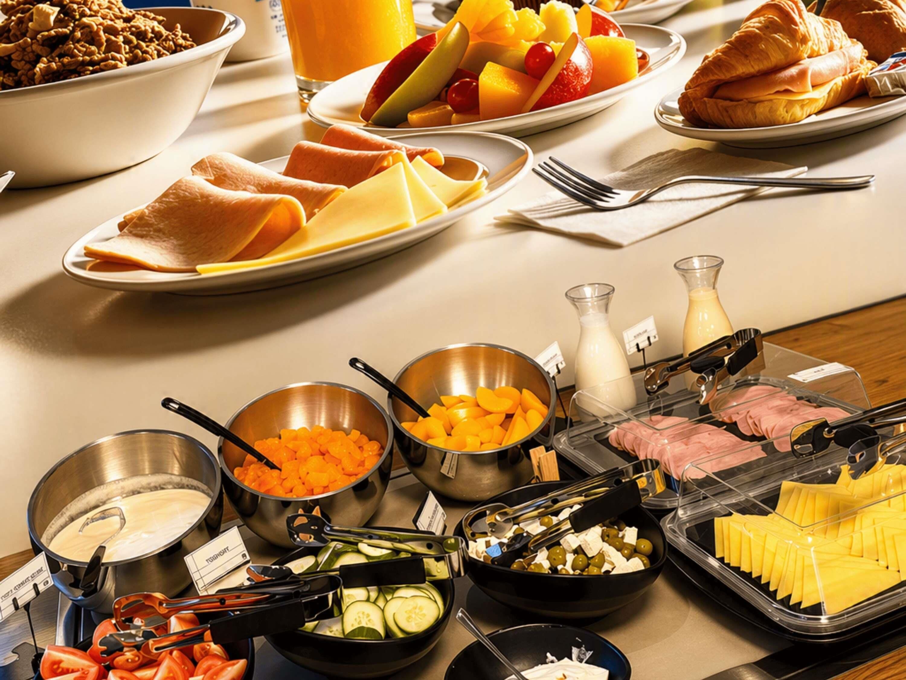 A buffet with various food items including fruits, cheeses, and meats.