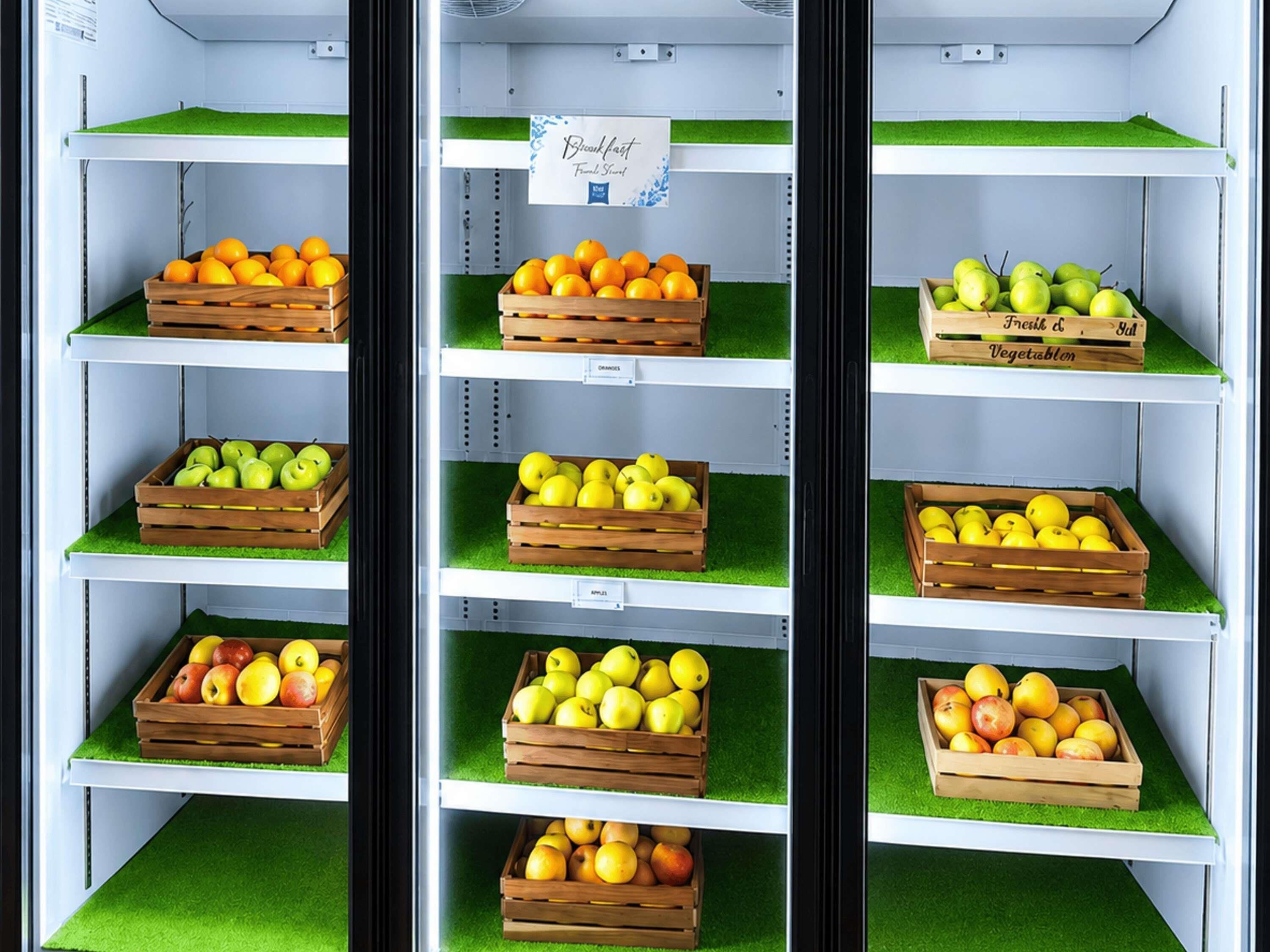 A refrigerated display case with multiple shelves containing wooden crates of fruits.