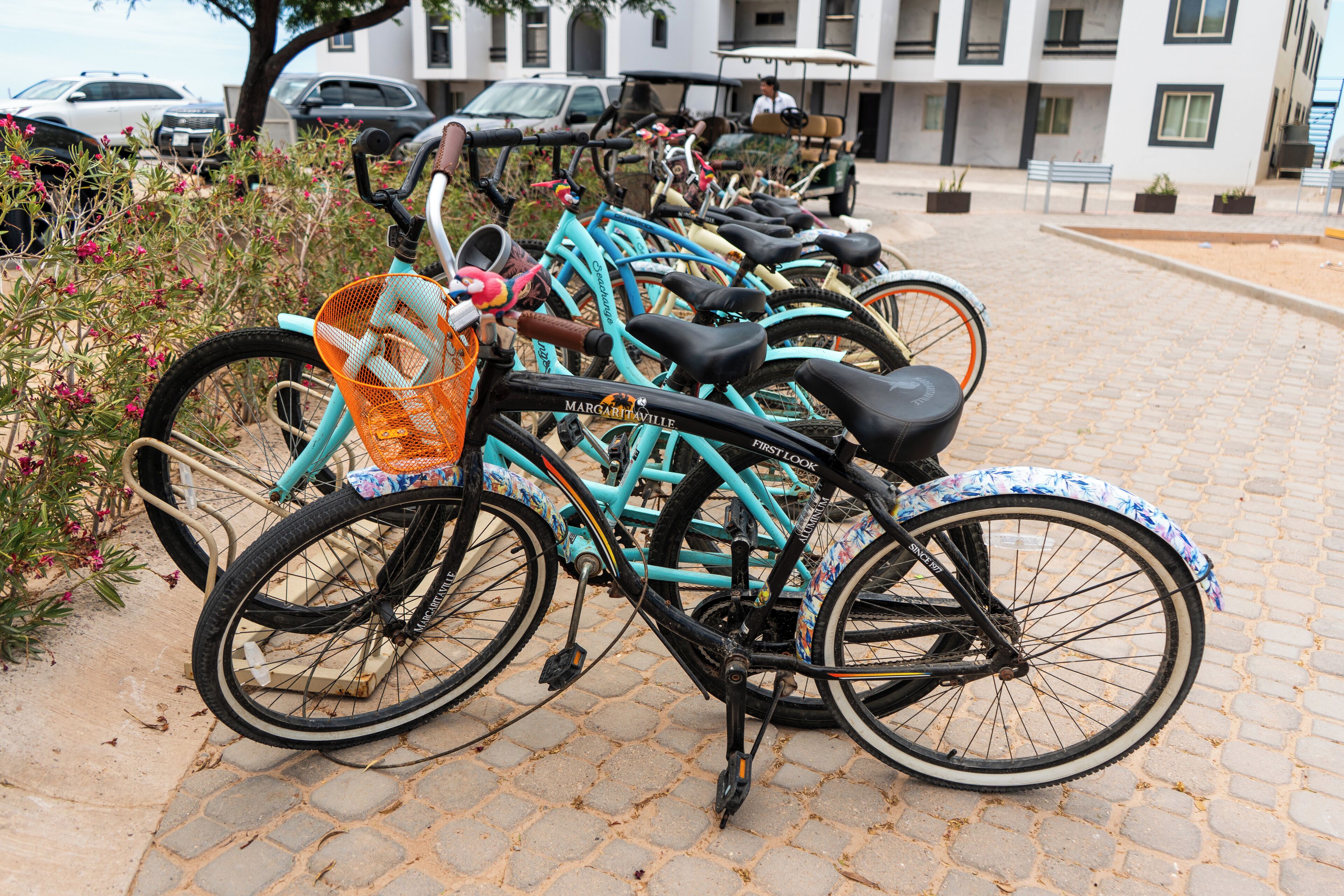 Una hilera de bicicletas estacionadas en un camino adoquinado, con un edificio al fondo.