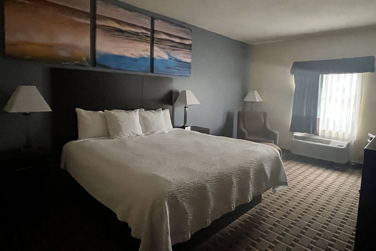 Habitación de hotel con cama, dos lámparas de noche, una silla, una ventana con cortinas y una obra de arte colgada en la pared.