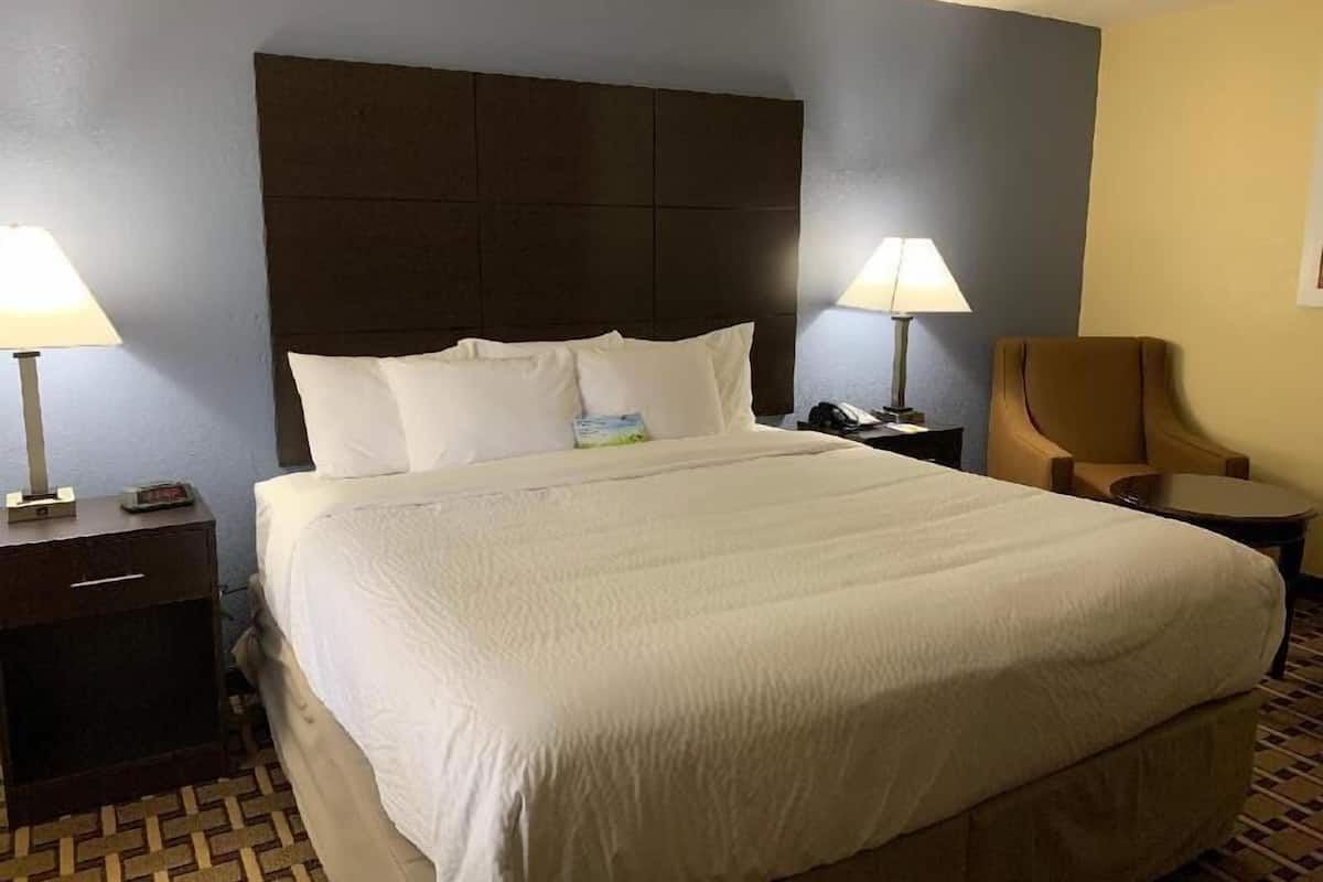 Habitación de hotel con una cama grande, dos mesitas de noche con lámparas, una silla y una mesita auxiliar.