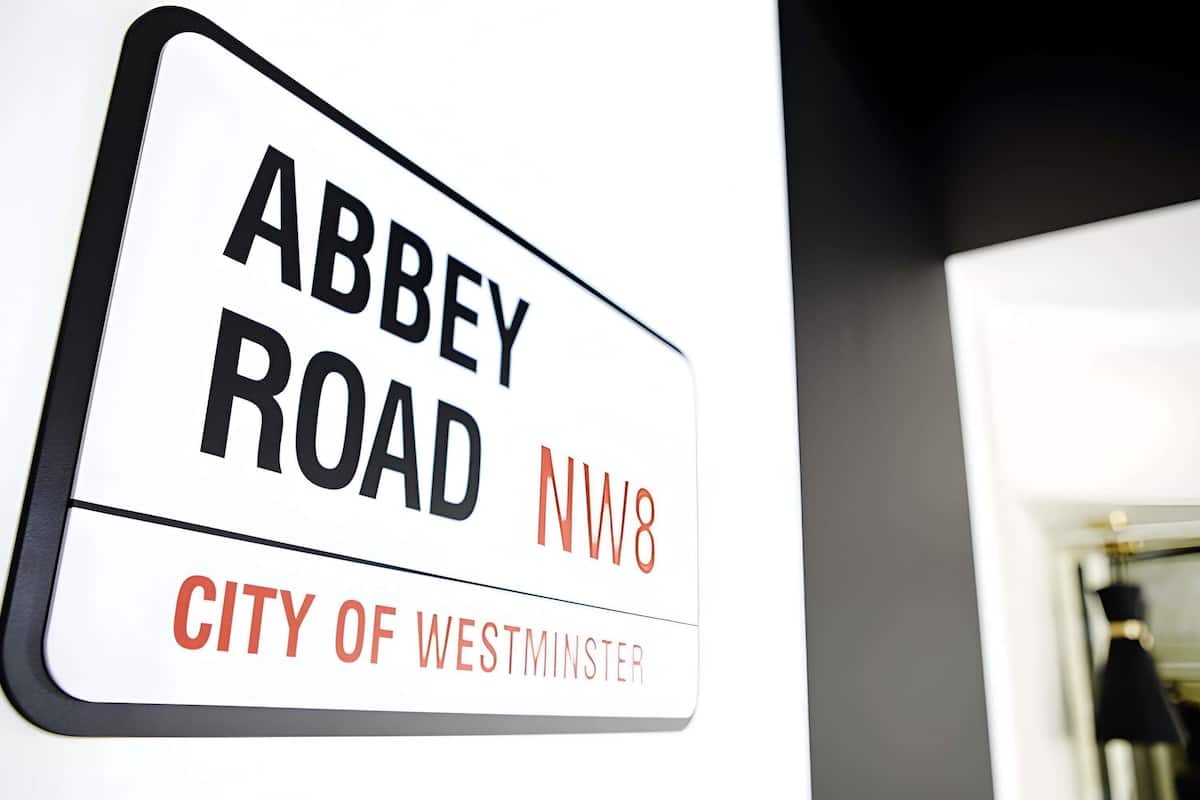 A sign for Abbey Road NW8 in the City of Westminster.