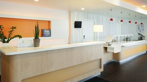 Un área de recepción moderna de hotel con un mostrador de madera, una planta en maceta, un cartel de ibis budget hotels, un televisor de pantalla plana y una encimera con una lámpara.