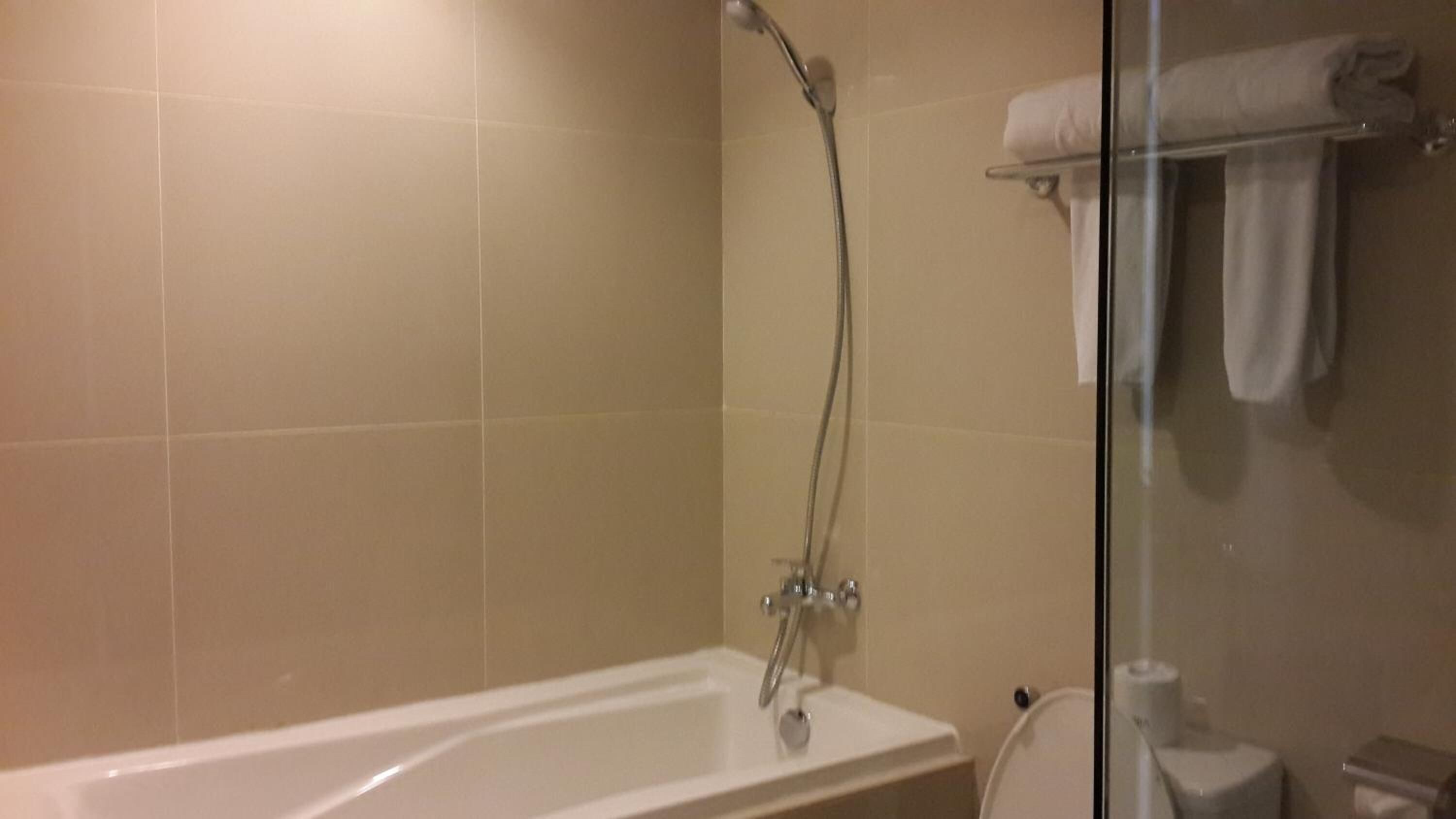 A modern bathroom with a glass shower enclosure, a white bathtub, and a toilet.