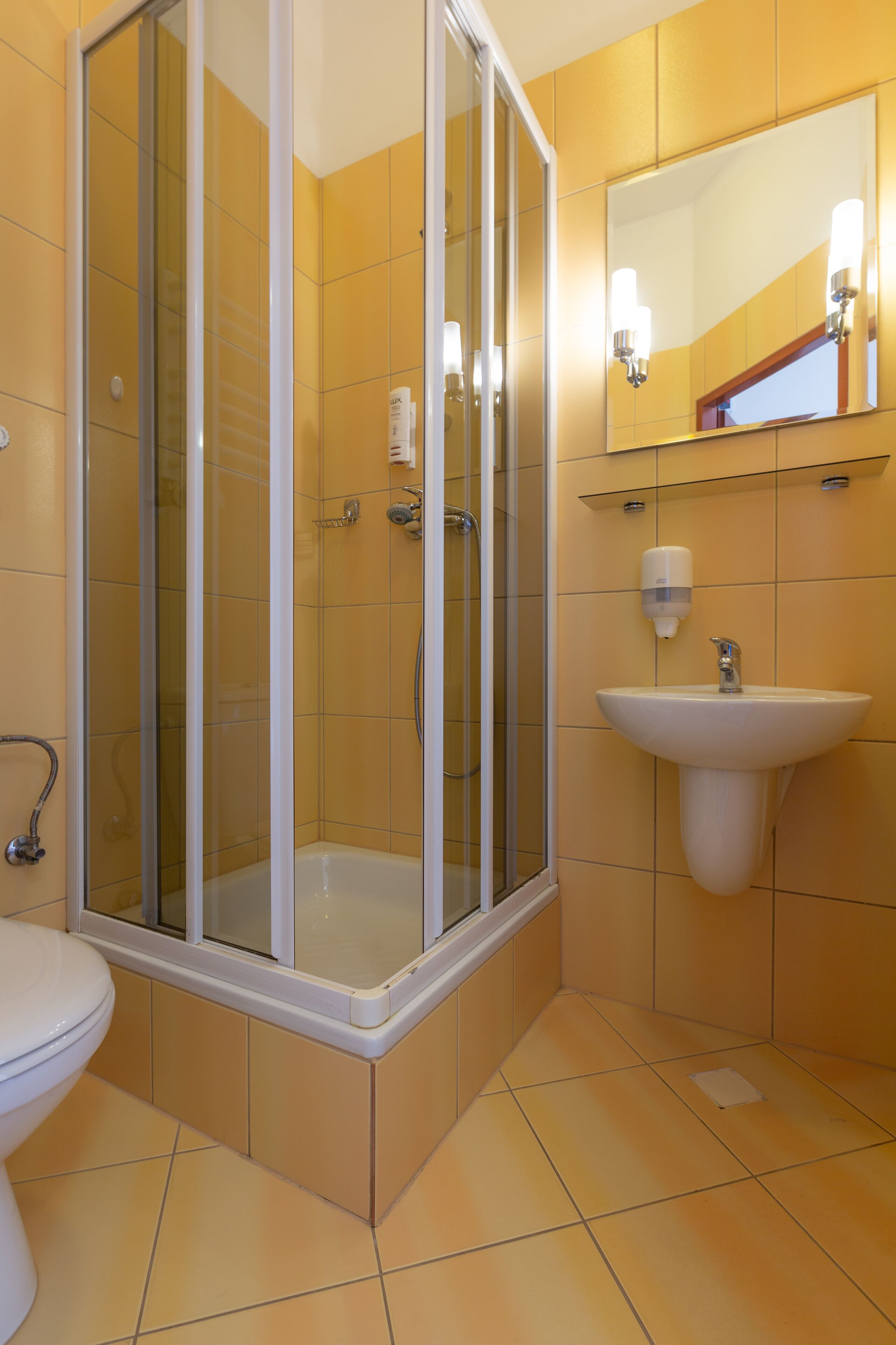 A bathroom with a glass-enclosed shower, a sink, and a mirror.
