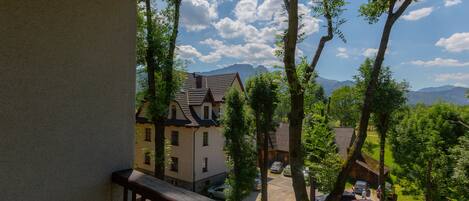 A balcony with a view of a residential area, including houses and parked cars.