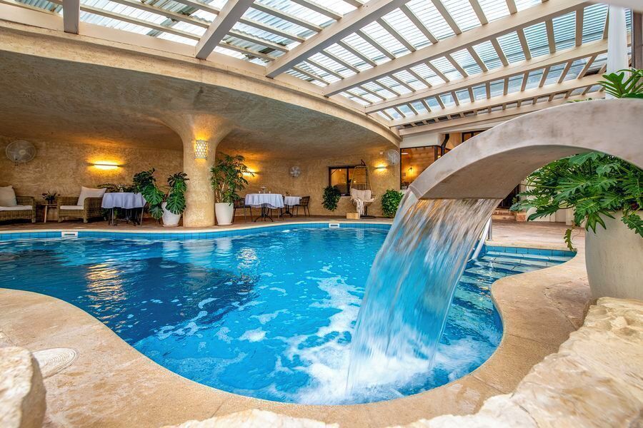 Indoor pool, outdoor pool, sun loungers