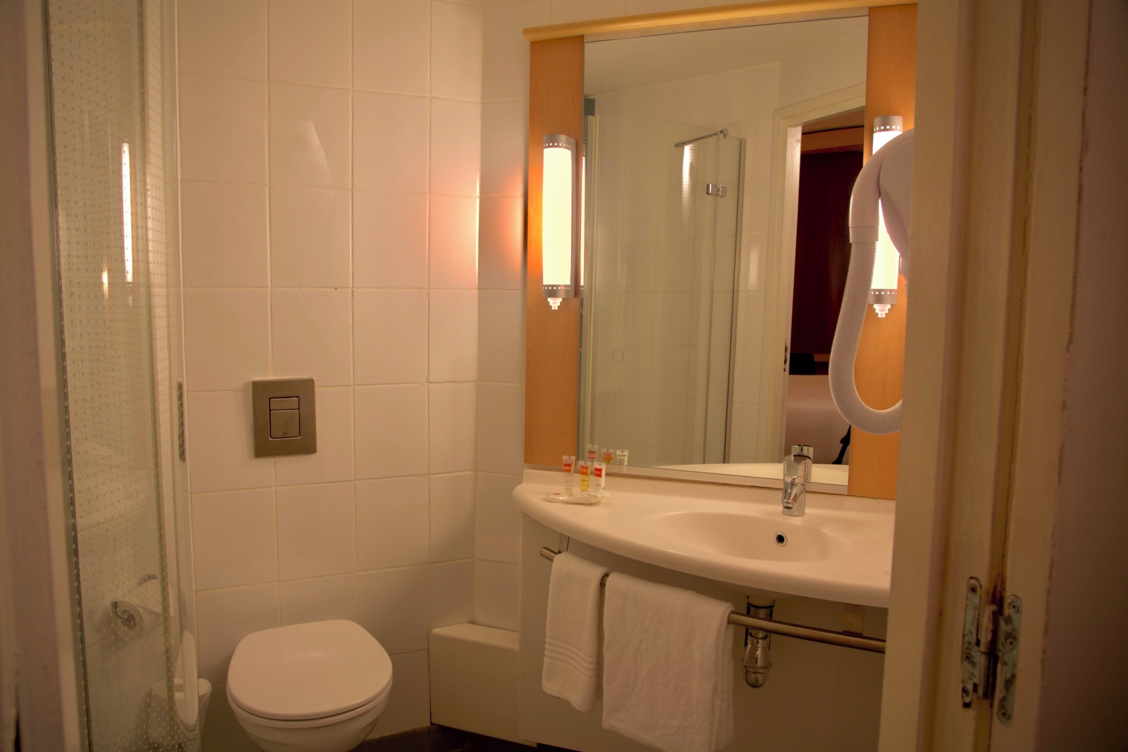 Een badkamer met toilet, wastafel, spiegel en handdoekhouder.