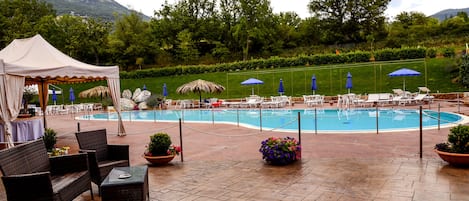 Piscina all'aperto, lettini