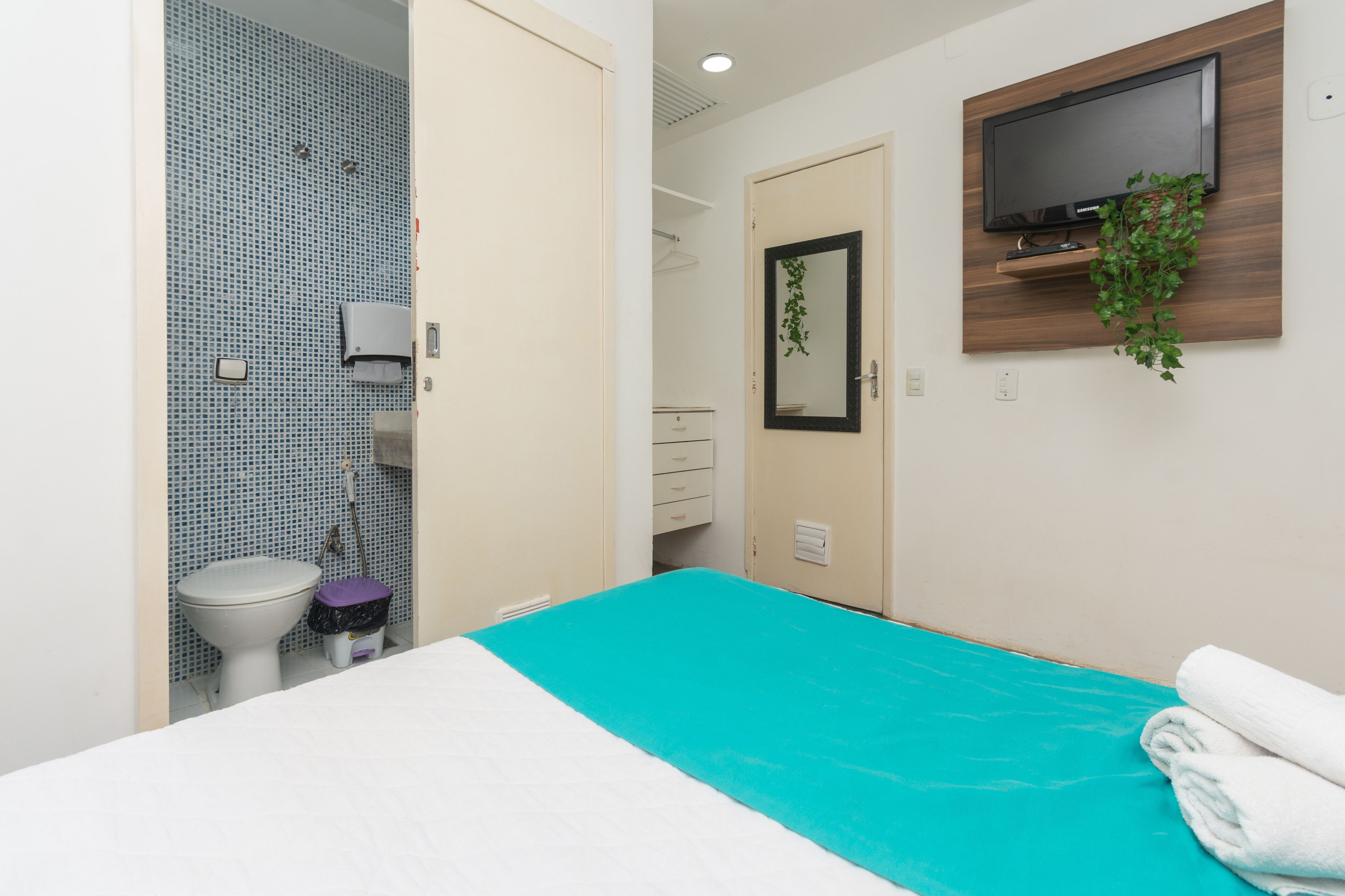 A hotel room with a bed, a bathroom with a toilet and sink, a TV mounted on the wall, and a small plant on the TV stand.