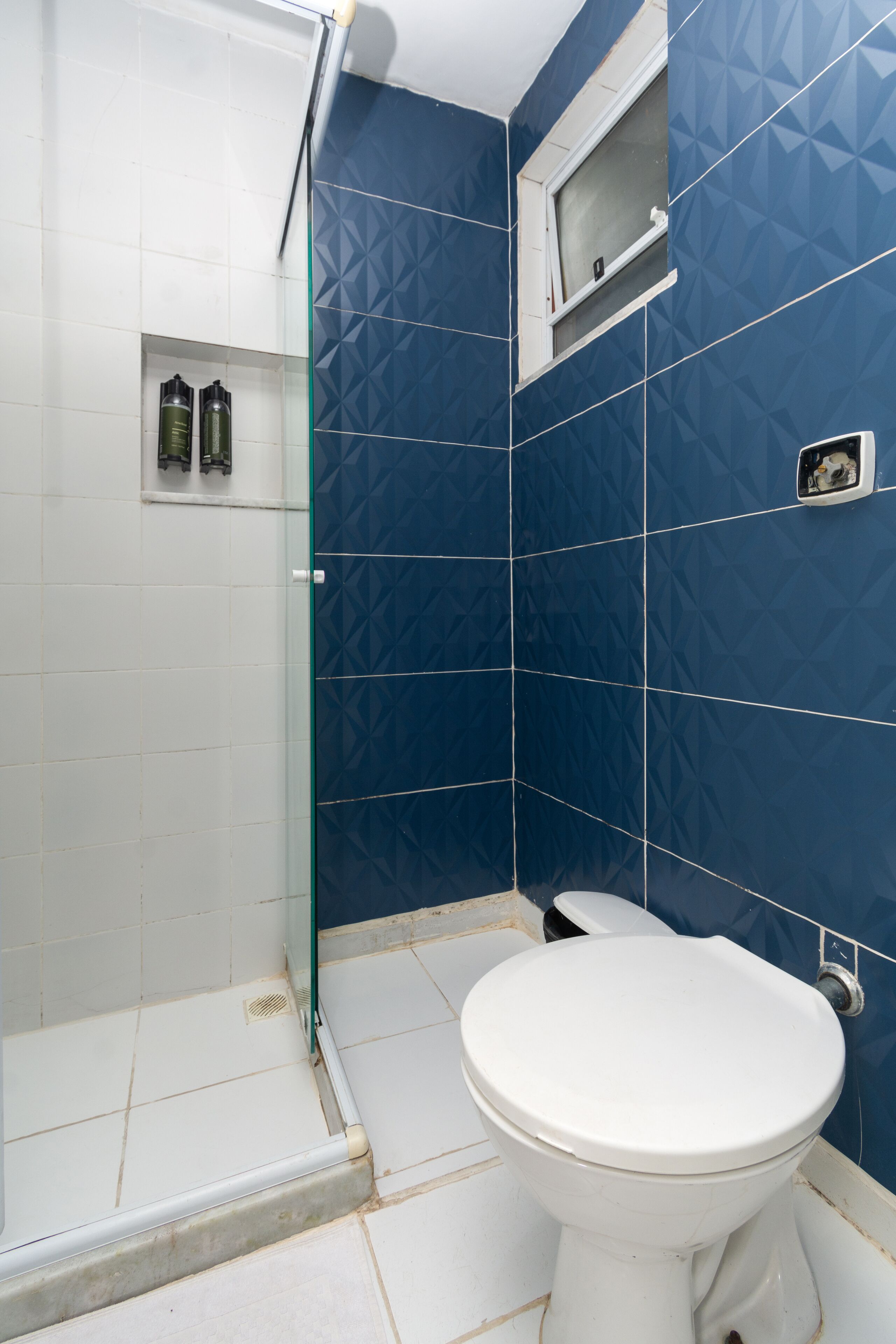 A bathroom with a shower, toilet, and a window.