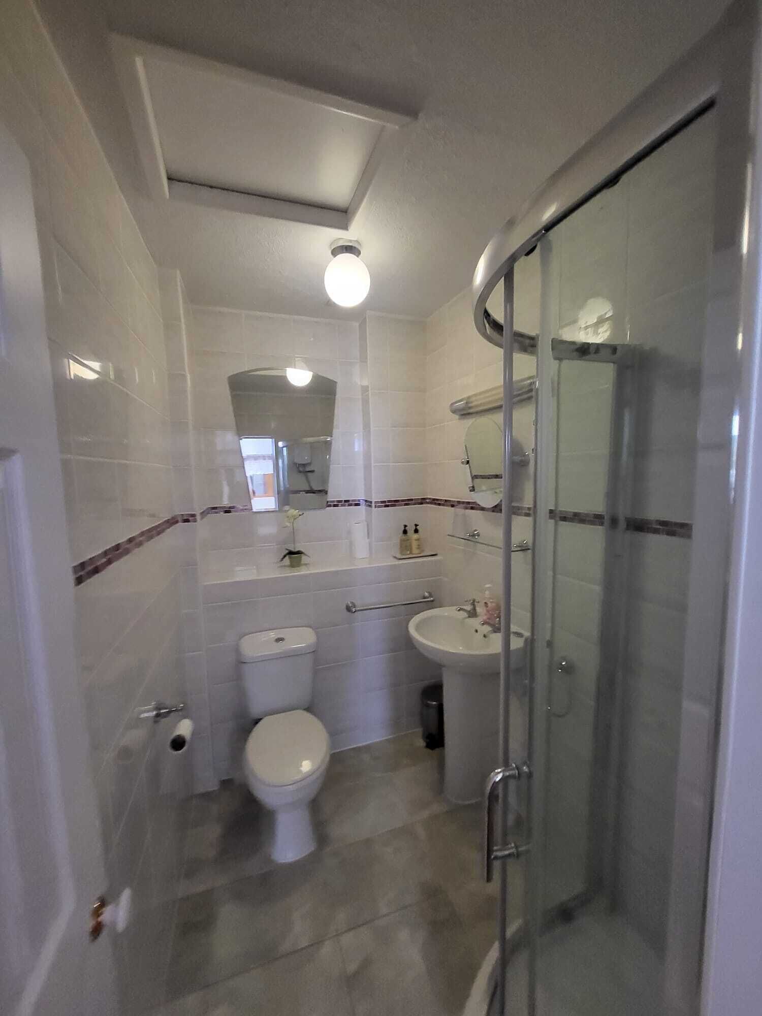 A bathroom with a toilet, sink, and glass-enclosed shower.