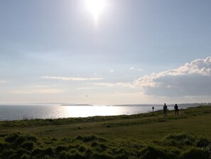 A grassy area with a view of the sea and a distant shoreline. - The Cliff House Hotel (New Milton)