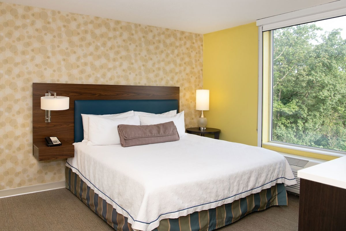Une chambre d’hôtel avec un lit, des lampes de chevet, un téléphone et une fenêtre donnant sur des arbres.