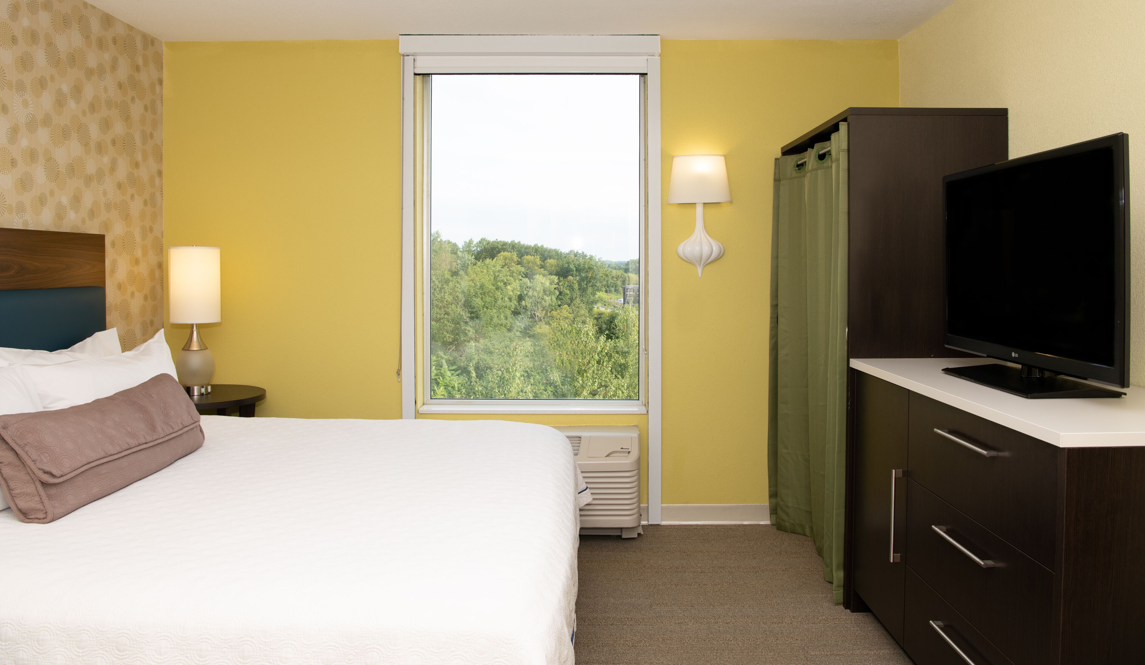 A hotel room with a bed, a television, a nightstand, a lamp, and a window with a view of trees.