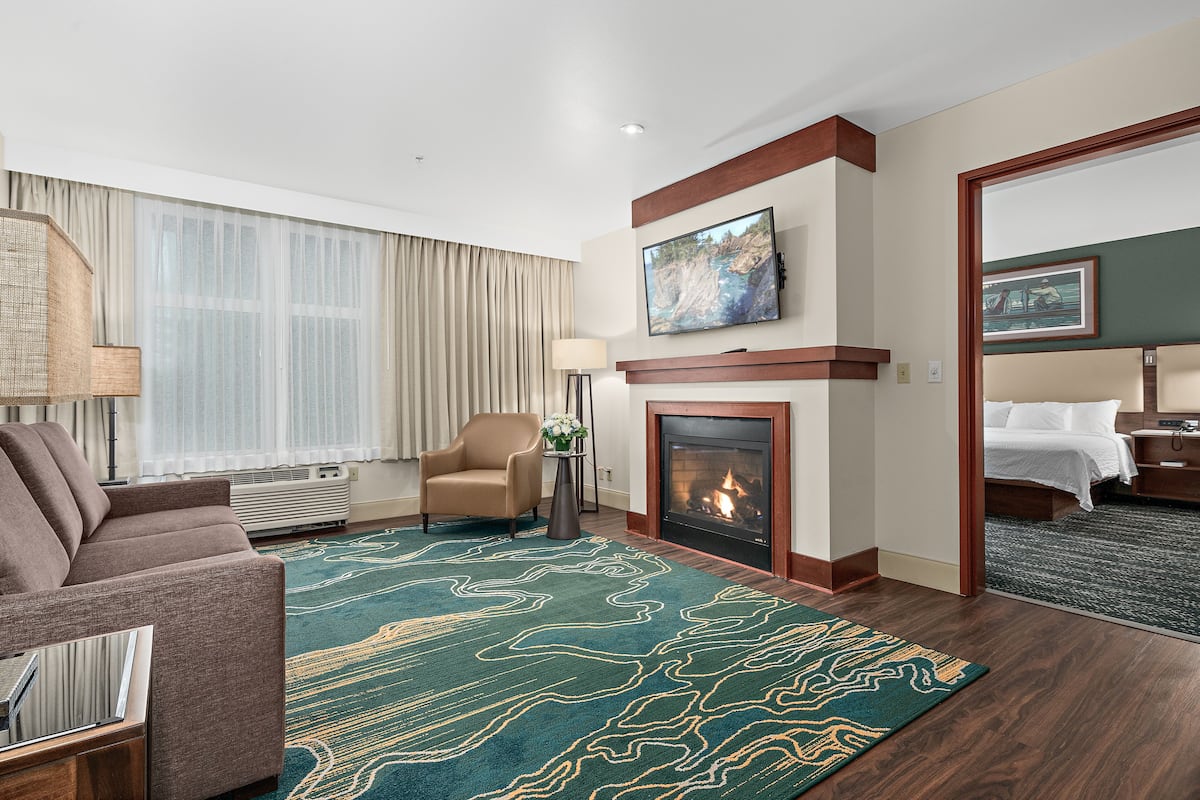 Una habitación de hotel con sofá, chimenea, televisión y cama.