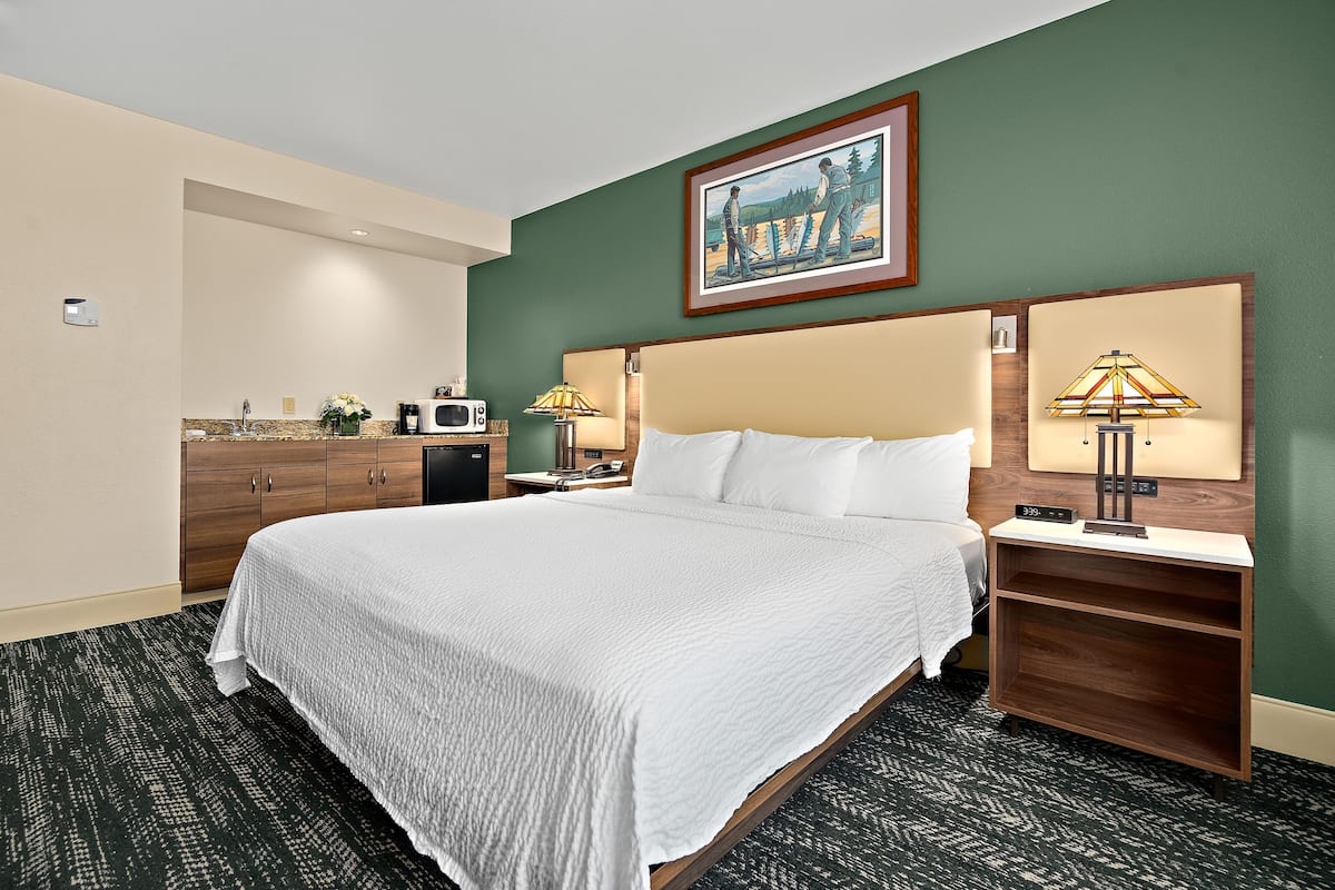 Habitación de hotel con una cama grande, una mesita de noche de madera, un escritorio con una lámpara, un microondas y un cuadro en la pared.