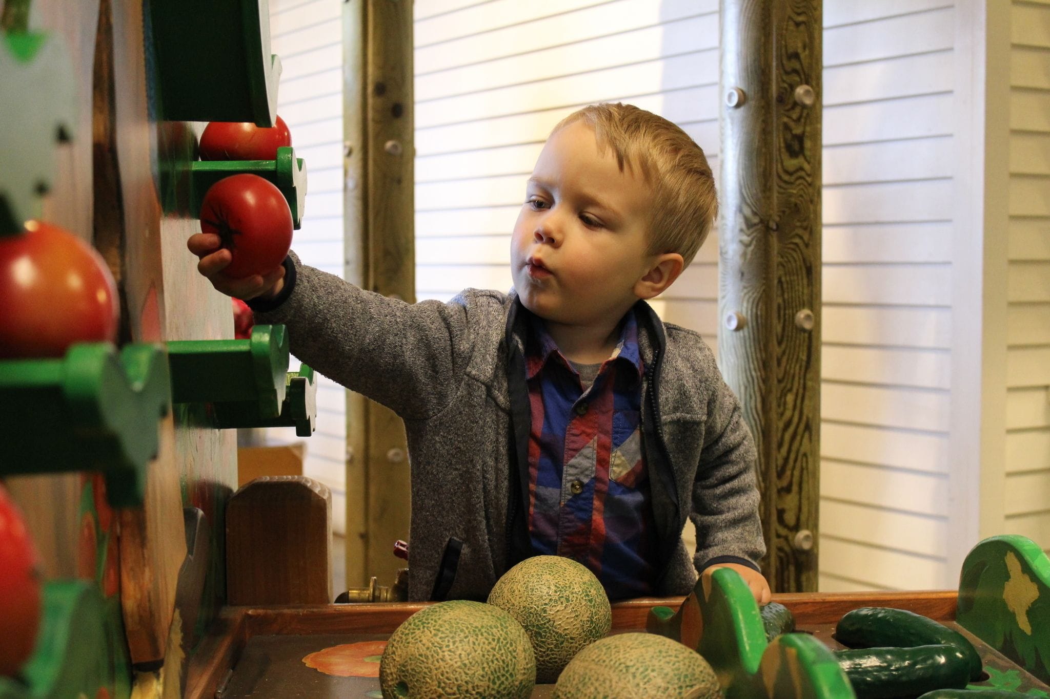 A child interacting with a mechanical apple picker.