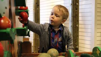 A child interacting with a mechanical apple picker.
