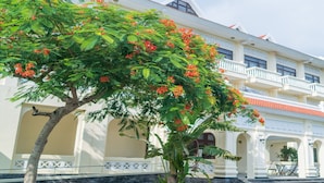 A colonial-style building with a balcony, arched windows, and a tree with red flowers in front.